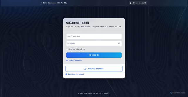 Security scan screenshot of https://bankstatementpdftocsv.com/login