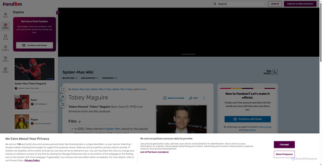 Security scan screenshot of https://spidermaninfo.fandom.com/wiki/Tobey_Maguire