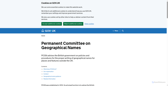 Security scan screenshot of https://www.gov.uk/government/groups/the-permanent-committee-on-geographical-names