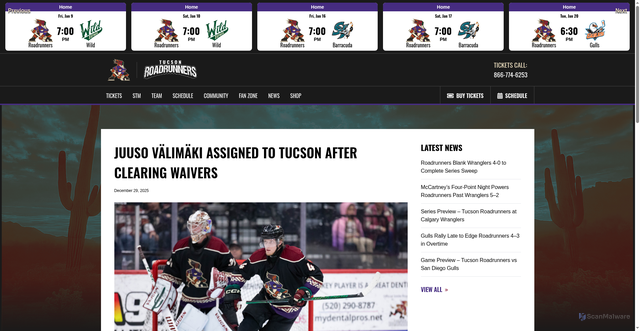 Security scan screenshot of https://www.tucsonroadrunners.com/news/juuso-valimaki-assigned-to-tucson-from-mammoth