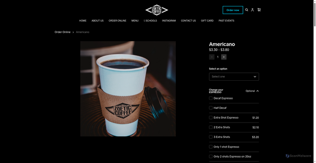 Security scan screenshot of https://www.zoeticcoffee.com/product/americano/8