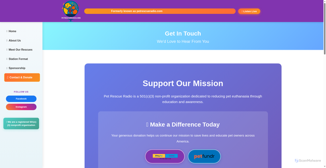 Security scan screenshot of https://pet-rescue-radio.pages.dev/contact.html