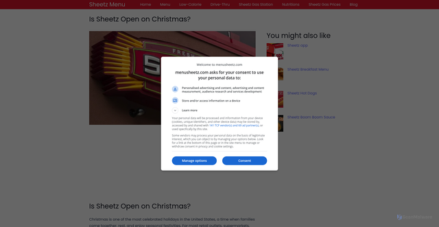 Security scan screenshot of https://menusheetz.com/is-sheetz-open-on-christmas/