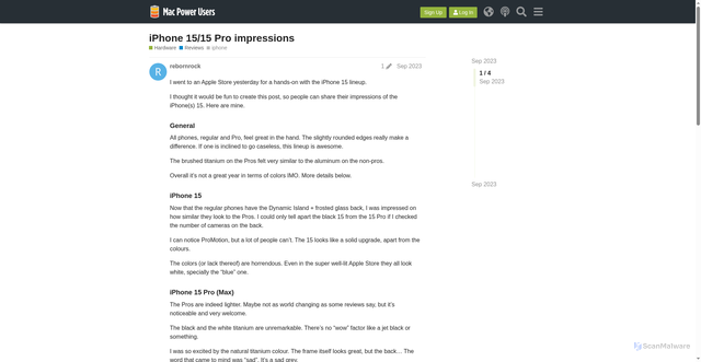 Security scan screenshot of https://talk.macpowerusers.com/t/iphone-15-15-pro-impressions/34888