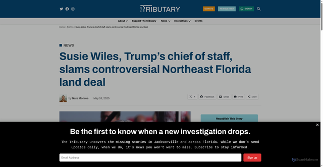 Security scan screenshot of https://jaxtrib.org/2025/05/18/susie-wiles-trumps-chief-of-staff-slams-controversial-northeast-florida-land-deal/