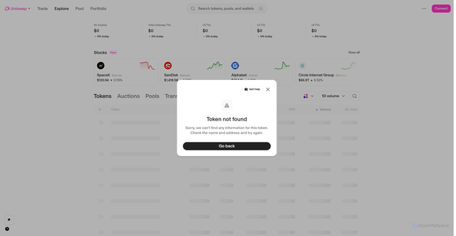 Security scan screenshot of https://web-testing-dev-entry-gateway-uniswap.vercel.app/explore/tokens/base/0xe2c86869216ac578bd62a4b8313770d9ee359a05