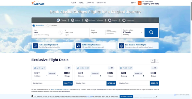 Security scan screenshot of https://www.wizfairtravels.com/airlines/alaska-flight-tickets