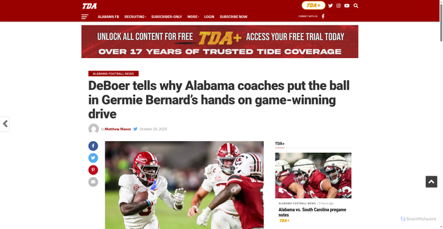 Security scan screenshot of https://tdalabamamag.com/2025/10/25/deboer-tells-why-alabama-coaches-put-the-ball-in-germie-bernards-hands-on-game-winning-drive/