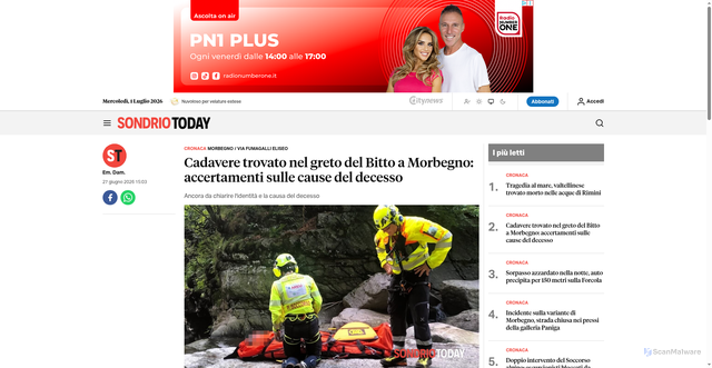 Security scan screenshot of https://www.sondriotoday.it/cronaca/cadavere-morto-bitto-morbegno.html