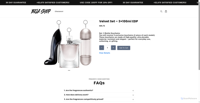 Security scan screenshot of https://belaashop.com/products/velvet-set-3-100ml-edp