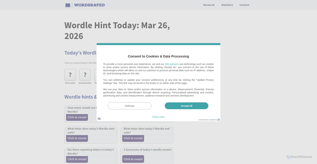 Security scan screenshot of https://wordsrated.com/solvers/todays-wordle-hints-plus-answer/