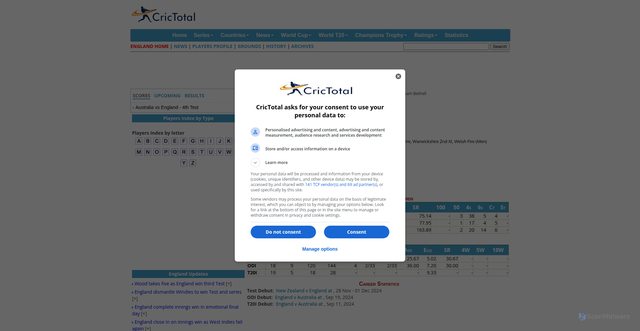 Security scan screenshot of https://england.crictotal.com/profile/jacob-bethell.php