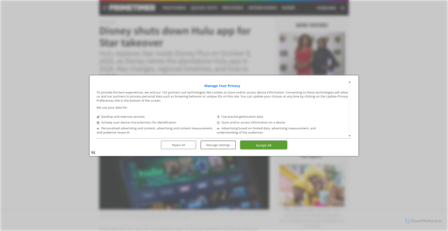 Security scan screenshot of https://www.primetimer.com/features/disney-shuts-down-hulu-app-for-star-takeover