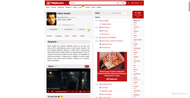 Security scan screenshot of https://www.filmbooster.de/en-au/creator/14-ethan-hawke/overview/