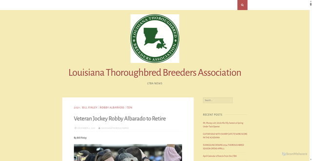 Security scan screenshot of https://louisianabred.blog/2021/12/09/veteran-jockey-robby-albarado-to-retire/
