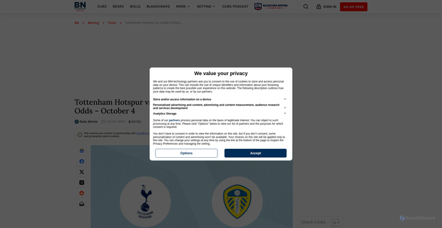 Security scan screenshot of https://www.bleachernation.com/picks/2025/10/03/tottenham-hotspur-vs-leeds-united-prediction-picks-live-odds-october-4/