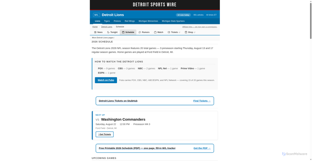 Security scan screenshot of https://detroitsportswire.com/lions-schedule/
