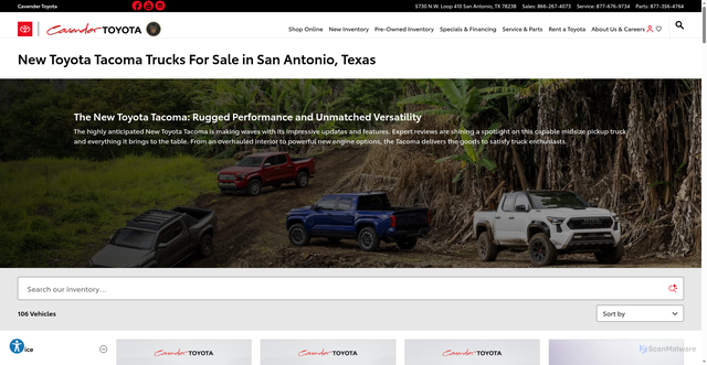Security scan screenshot of https://www.cavendertoyota.com/new-inventory/toyota-tacoma-san-antonio-tx.htm