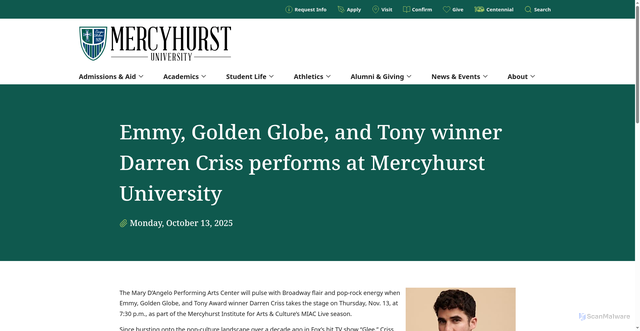 Security scan screenshot of https://www.mercyhurst.edu/news/emmy-golden-globe-and-tony-winner-darren-criss-performs-mercyhurst-university