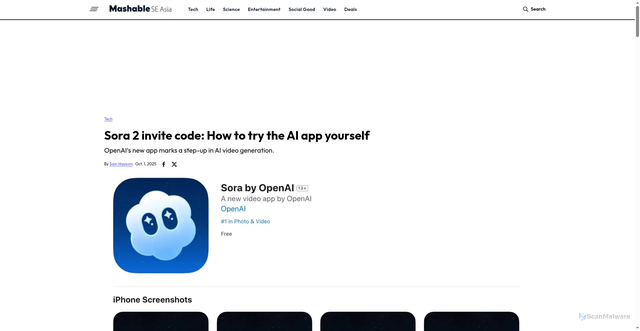 Security scan screenshot of https://sea.mashable.com/tech/39936/sora-2-invite-code-how-to-try-the-ai-app-yourself