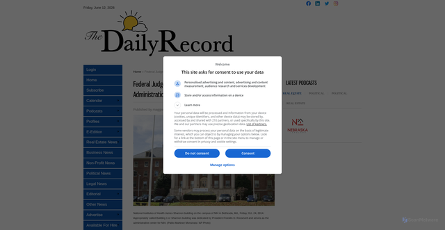 Security scan screenshot of https://www.omahadailyrecord.com/content/federal-judge-nationwide-ruling-blocks-trump-administration-cut-nih-research-grants