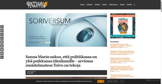 Security scan screenshot of https://kulttuuritoimitus.fi/kritiikit/kritiikit-kirjallisuus/sanna-marin-uskoo-etta-politiikassa-on-yha-paikkansa-idealismille-arviossa-muistelmateos-toivo-on-tekoja/