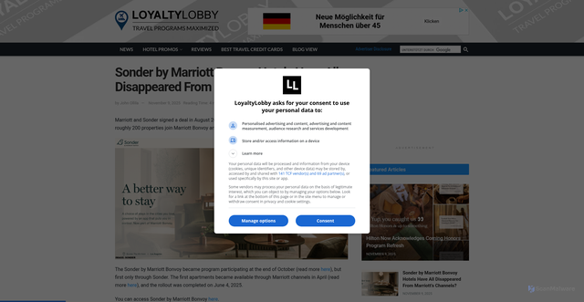 Security scan screenshot of https://loyaltylobby.com/2025/11/09/sonder-by-marriott-bonvoy-hotels-have-all-disappeared-from-marriotts-channels/