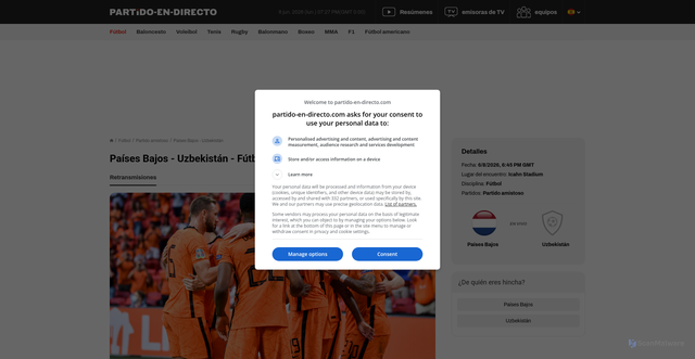 Security scan screenshot of https://partido-en-directo.com/futbol/paises-bajos-uzbekistan