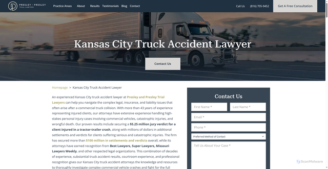 Security scan screenshot of https://presleyandpresley.com/truck-accident-lawyer/