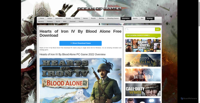 Security scan screenshot of https://oceansofgamess.com/hearts-iron-iv-blood-alone-free-download/