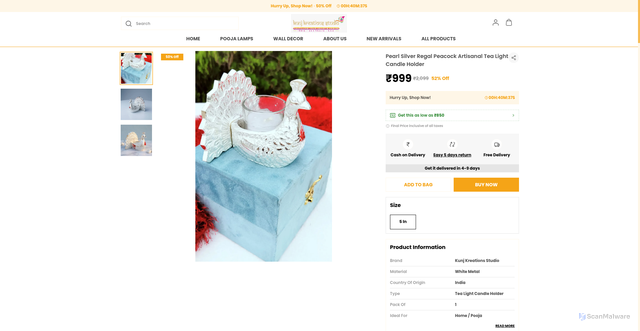 Security scan screenshot of https://kunjkreationsstudio.com/Pearl-Silver-Regal-Peacock-Artisanal-Tea-Light-Candle-Holder/catalogue/JXkTR9RG/aVuj-a2z