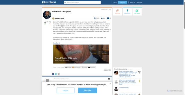 Security scan screenshot of https://www.rallypoint.com/shared-links/sam-elliott-wikipedia
