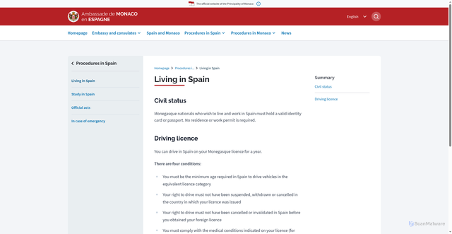Security scan screenshot of https://ambassade-en-espagne.gouv.mc/en/procedures-in-spain/living-in-spain