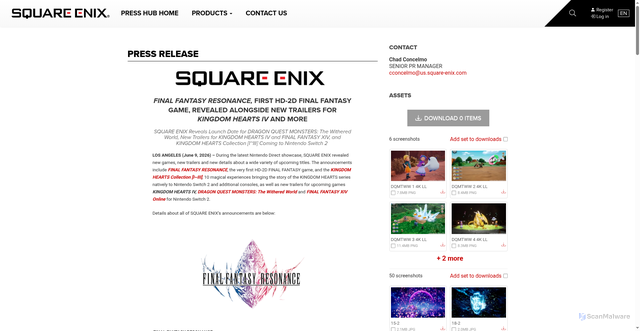 Security scan screenshot of https://press.na.square-enix.com/FINAL-FANTASY-RESONANCE-FIRST-HD-2D-FINAL-FANTASY-GAME-REVEALED-ALONGS