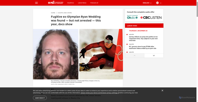 Security scan screenshot of https://ici.radio-canada.ca/rci/en/news/2114701/fugitive-ex-olympian-ryan-wedding-was-found-but-not-arrested-this-year-docs-show