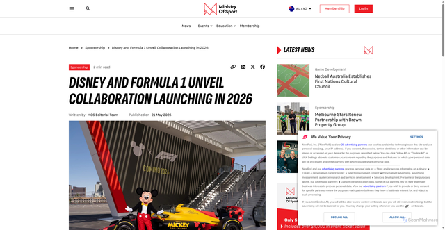 Security scan screenshot of https://ministryofsport.com/disney-and-formula-1-unveil-collaboration-launching-in-2026/