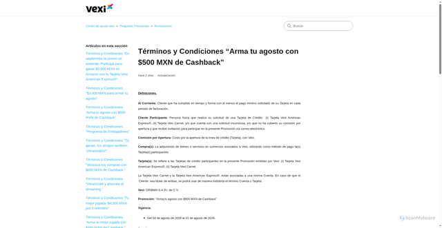 Security scan screenshot of https://vexi.zendesk.com/hc/es-419/articles/11089330403866-T%C3%A9rminos-y-Condiciones-Arma-tu-agosto-con-500-MXN-de-Cashback