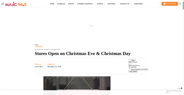 Security scan screenshot of https://majic945.com/1224339/stores-open-on-christmas-eve-christmas-day/