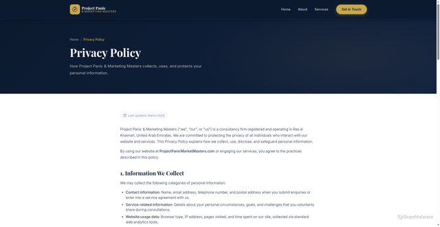 Security scan screenshot of https://projectpanicmarketmasters.com/privacy-policy/