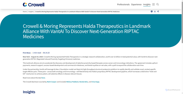 Security scan screenshot of https://www.crowell.com/en/insights/firm-news/crowell-and-moring-represents-halda-therapeutics-in-landmark-alliance-with-vantai-to-discover-next-generation-riptac-medicines