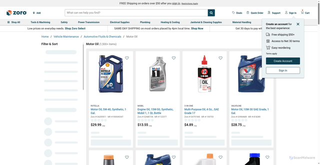 Security scan screenshot of https://www.zoro.com/motor-oil/c/9523/