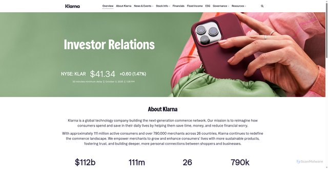 Security scan screenshot of https://investors.klarna.com/overview/default.aspx