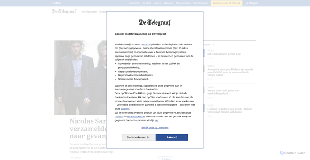 Security scan screenshot of https://www.telegraaf.nl/video/nicolas-sarkozy-zwaait-naar-verzamelde-menigte-onderweg-naar-gevangenis/98933933.html