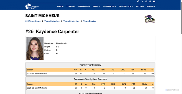Security scan screenshot of https://hockeyeastonline.com/women/players/career/3740
