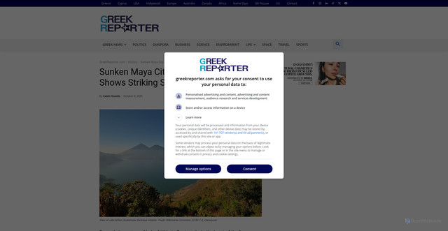 Security scan screenshot of https://greekreporter.com/2025/10/09/sunken-maya-city-atlantis-guatemala/
