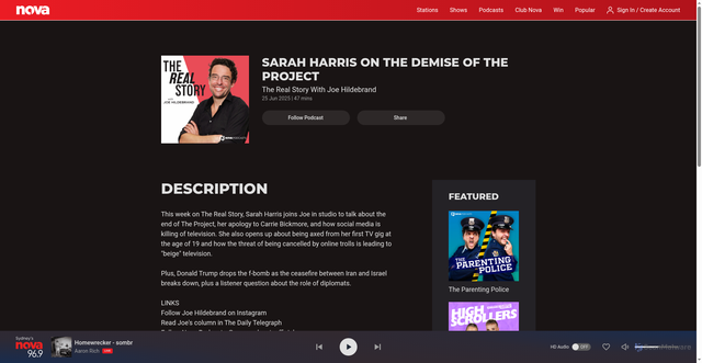 Security scan screenshot of https://novafm.com.au/podcast/the-real-story-with-joe-hildebrand/09efa624-5cec-4d4e-ab7e-ea593c4c19c4/2025-06-25/sarah-harris-on-the-demise-of-the-project