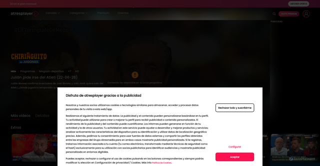 Security scan screenshot of https://www.atresplayer.com/mega/programas/el-chiringuito-de-jugones/temporada-1/julian-pide-irse-del-atleti-22-06-26_6a33aa59ff3a5e0007356f60/