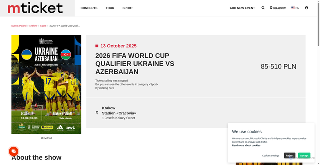 Security scan screenshot of https://mticket.pl/en/krakow/fifa-world-cup-qualifier-ukraine-vs-azerbaijan-3161.html