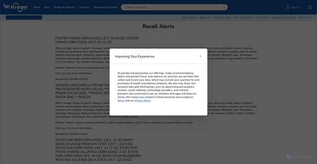 Security scan screenshot of https://www.kroger.com/i/recall-alerts