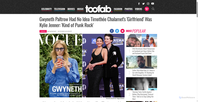 Security scan screenshot of https://toofab.com/2025/10/15/gwyneth-paltrow-timothee-chalamet-kylie-jenner-vogue/